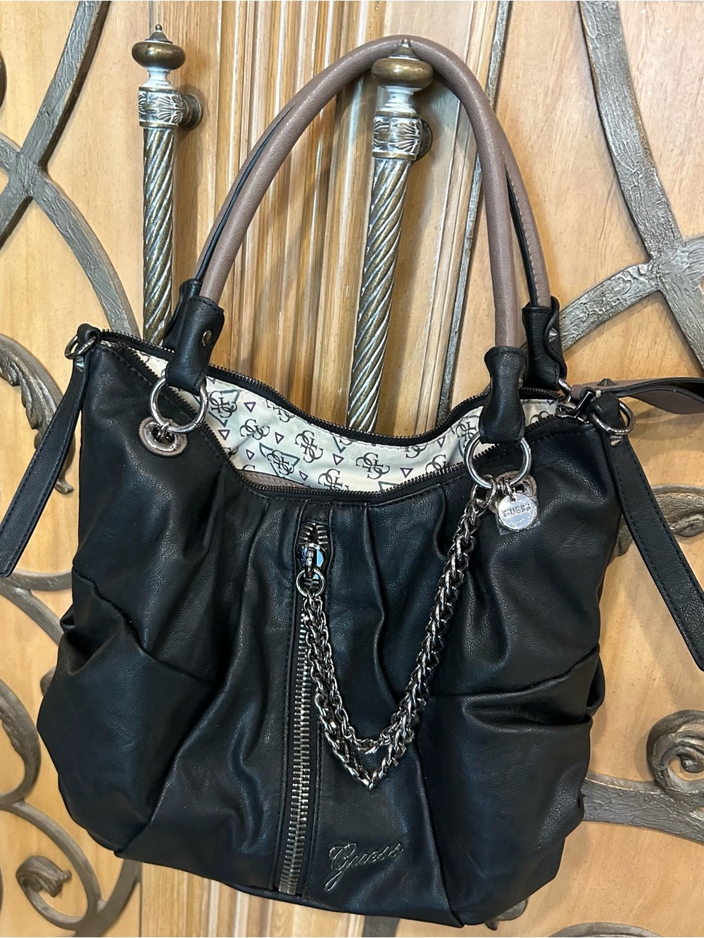 GUESS Black Shoulder Bag /Chain and Taupe Handles